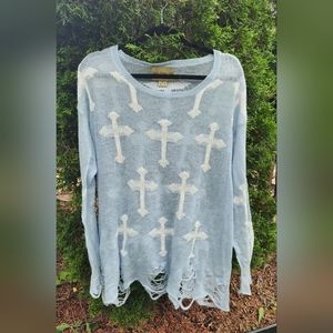 Wild Fox White Label Gothic Cowgirl Distressed Lennon Sweater Blue White Cross